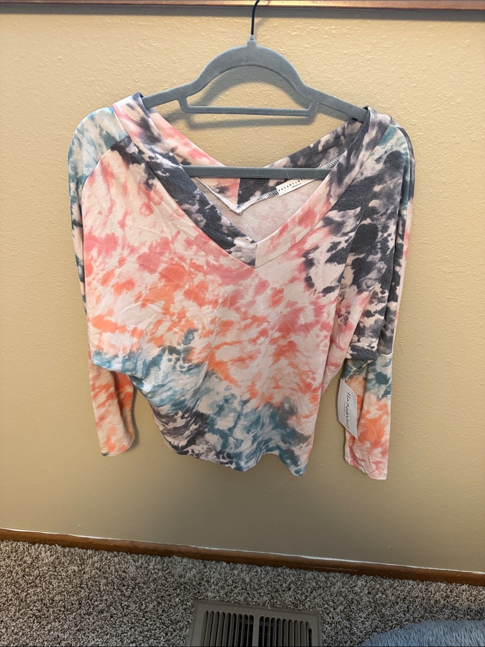 V-Neck Tie-Dye Long Sleeve Top - Coral, Teal & Gray